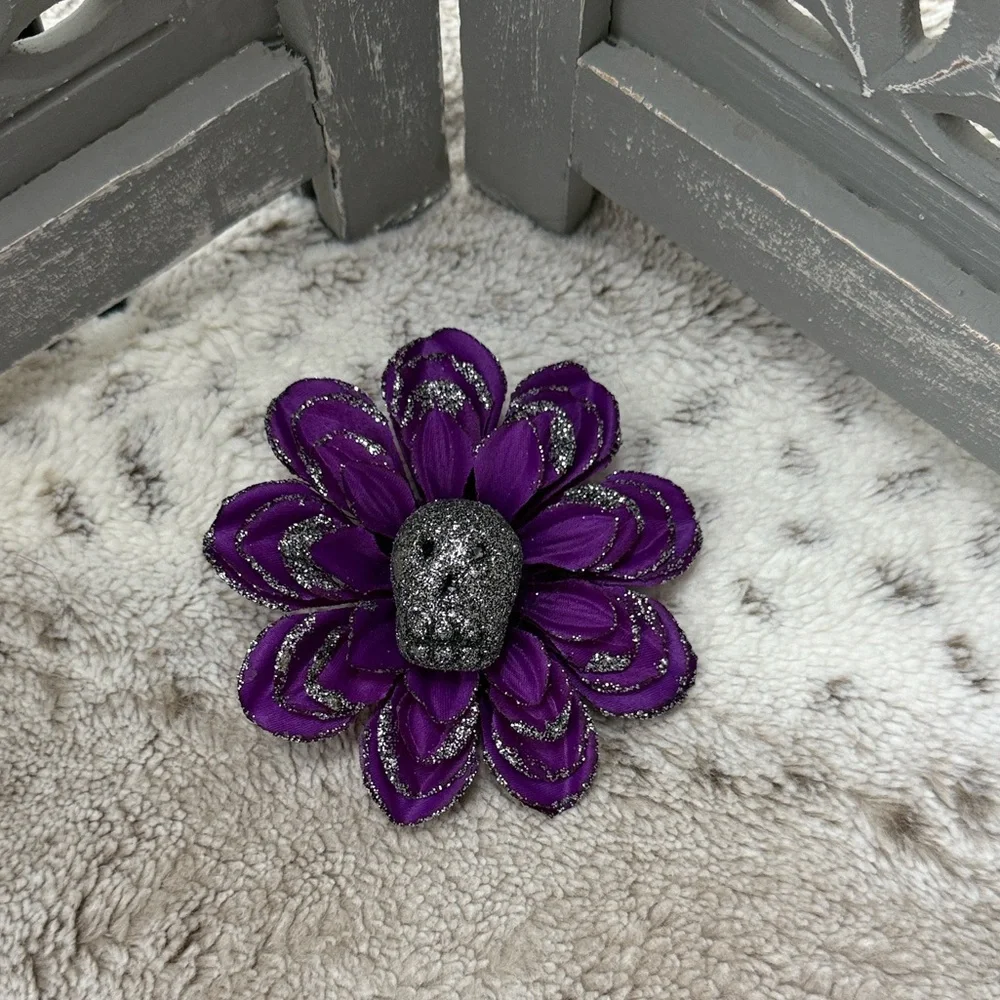 Purple sugar skull floral hair clip Halloween Dia De Los Muertos Day of the Dead